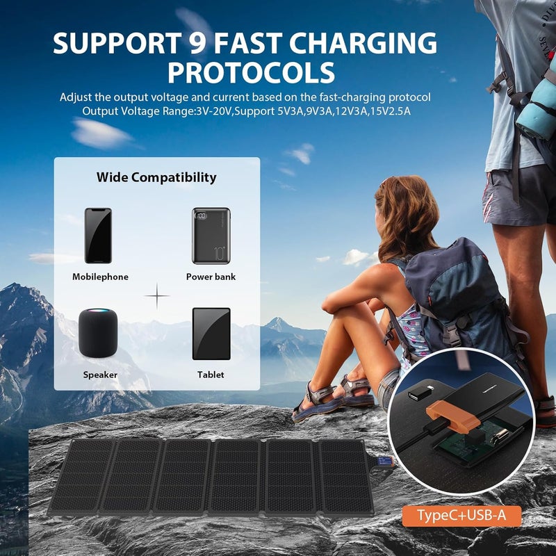 Ericsity Portable Solar Panel 54W Solar Phone Charger with QC3.0 USB-C Fast Charging Output，Foldable Solar Panel for Camping ，IP67 Waterproof Solar Charger Power Bank with ETFE Surface Material - Image 3